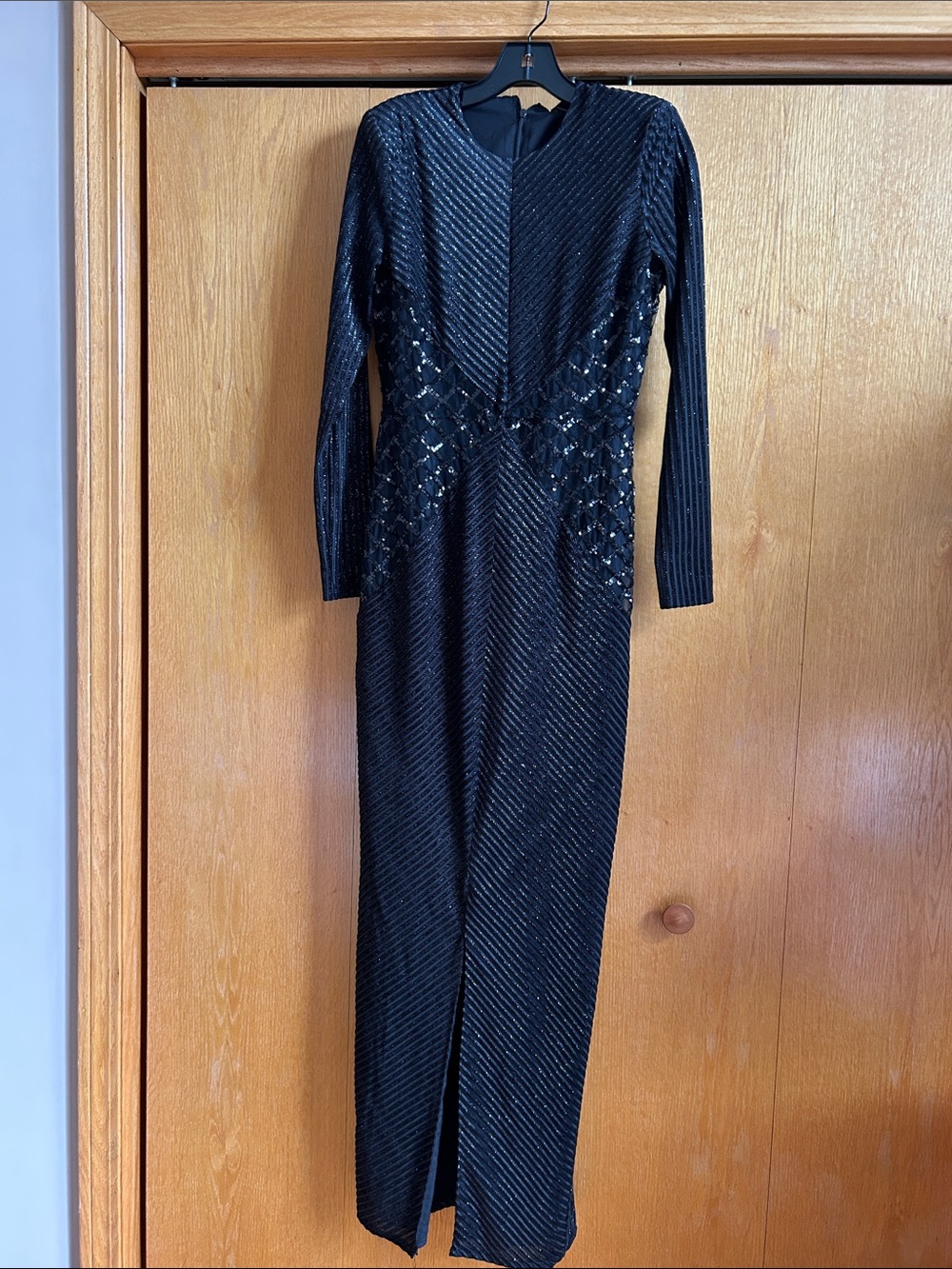 BCBGMaxAzria Black Long-Sleeve Sequin-Accented Evening Gown